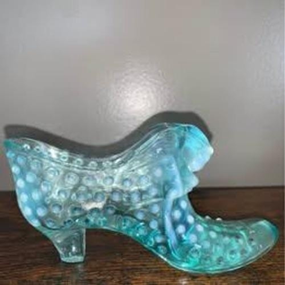 Vintage Fenton Blue Opalescent Hobnail Cat Head Glass Slipper Figurine Retro